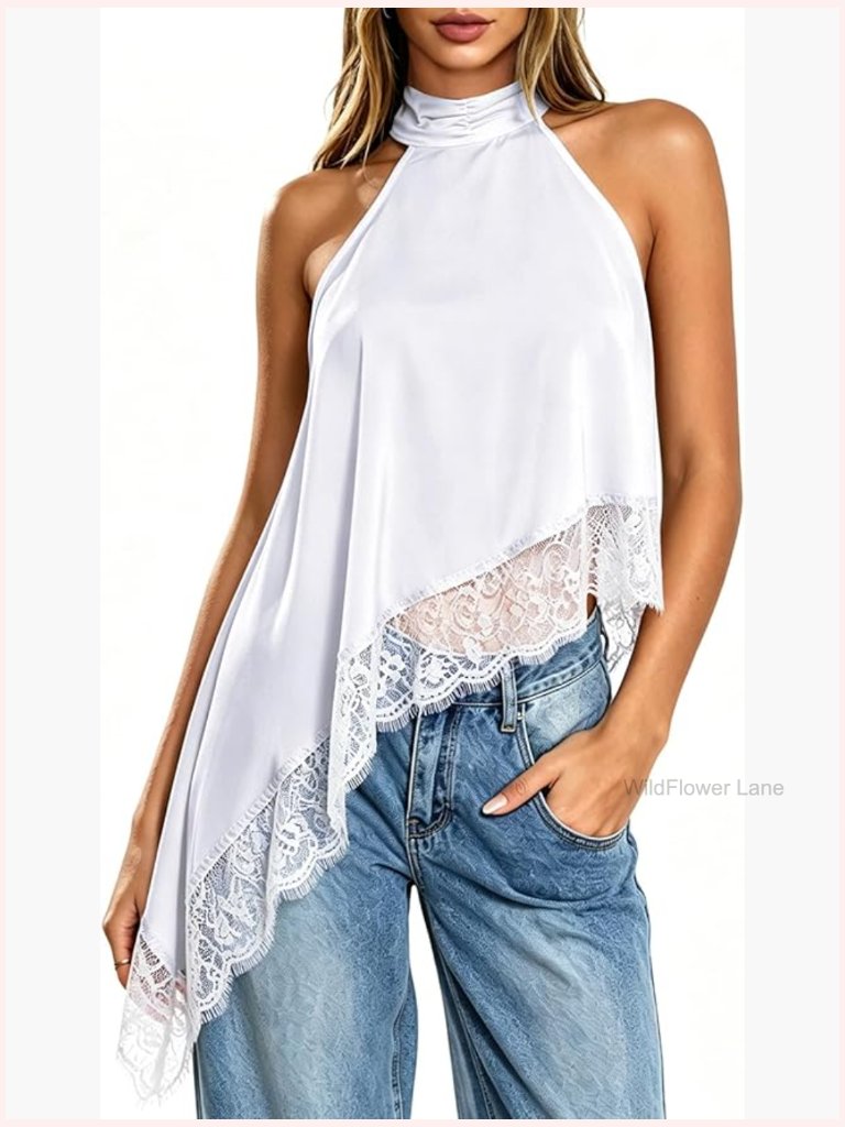 Halter Neck Satin Lace Tank Top